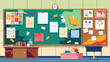 © Say - Cartoon classroom illustration with notice boards filled with colorful notes and a desk with books and stationery supplies for learning and education