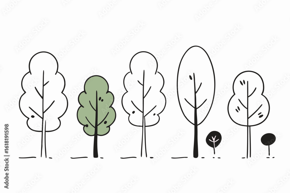 Line Drawing Learning Tree Simple Line Drawing of Trees Growing, Different Sizes Stock Vector ...