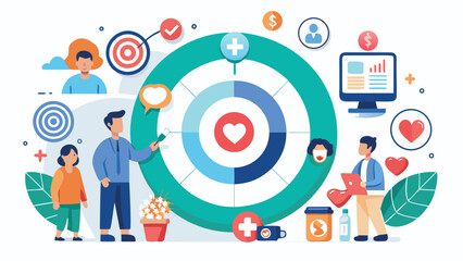 Healthcare data visualization with patient focus targeting success in medical and business goals flat vector design illustration for web development and mobile app