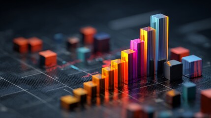Poster - A close-up of a D bar graph with colorful, metallic bars rising against a dark background, showcasing data analysis and market performance