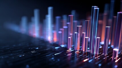 Poster - A close-up of a D bar graph with glowing edges on each bar, representing different data sets, against a dark gradient background for a futuristic and tech-inspired look.