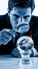 Poster - Businessman examines glass globe with magnifying glass, showcasing upward trending graph symbolizing global growth, market analysis, and future success