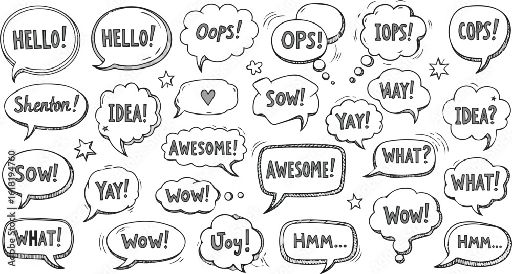 Create a kinds of deferent Set of hand-drawn speech bubbles. Speech balloon, frames, stylish, handwritten, doodle vector art with white background.