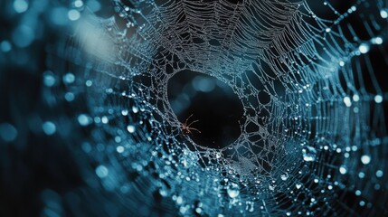 Close-up of a spider web glistening with dew droplets