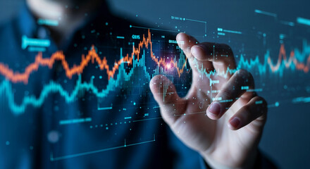 Poster - Hand interacting with holographic financial charts, showcasing data analysis and market trends, symbolizing modern finance, technology, and investment