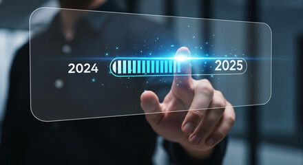 Poster - Hand interacting with transparent screen displaying 2024-2025 transition progress bar, symbolizing time, progress, and new year planning