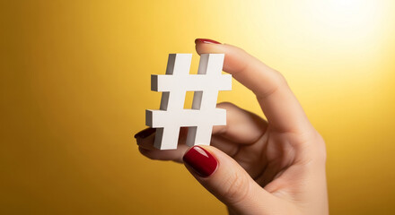 Wall Mural - woman's hand holding white hashtag symbol against yellow background, showcasing social media concept