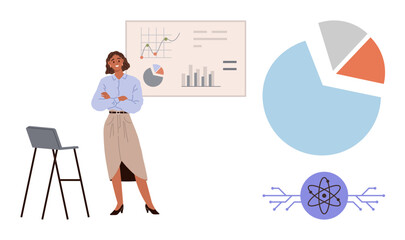 Poster - Professional woman stands by chair, presenting data with graphs, pie charts, and a scientific icon. Ideal for data analysis, presentation, science, teamwork, education business strategy simple flat