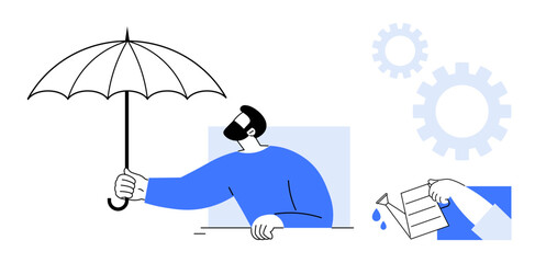 Poster - Bearded man holds umbrella for safety as hand pours water from cup. Gears symbolize systems, teamwork, planning. Ideal for insurance, risk management, safety, problem-solving, protection innovation