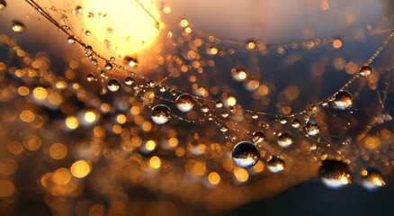 Macro photography of dewdrops on a spider web, set against a gold background, with a shallow depth of field.