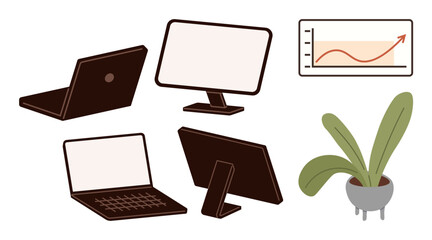 Poster - Laptops, monitors, growth graph on chart, and potted plant. Ideal for productivity, office work, remote work, business growth technology workspace setup and motivation. Clean simple flat metaphor