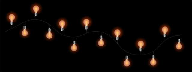 Wall Mural - vintage garland set icon. bright glowing bulbs on decorative cable in wave pattern. suitable for ret