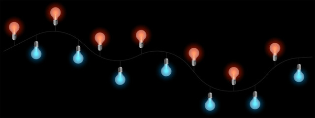 Wall Mural - decorative lights set icon. hanging glowing bulbs on wire with alternating warm and cool tones. perf