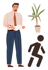 Poster - Professional male figure holding paper near indoor plant and abstract silhouette of walking person. Ideal for workspace, productivity, growth, progress, leadership, organization, minimal metaphor