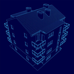Poster - A 3D model of a building displays clean contours and precise architectural details on a solid blue background. The blueprint-style rendering highlights structural elements with sharp lines and depth.