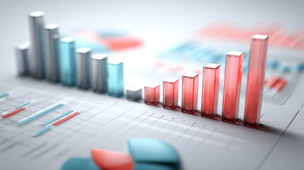 Poster - A detailed close-up of a business bar graph with glossy bars, showcasing performance metrics, against a light background with soft focus elements for a professional look.