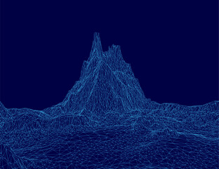 Poster - A blue mountain with a low polygonal design features intricate geometric shapes and wireframe patterns. The dark blue background enhances the abstract terrain, creating a striking visual contrast.