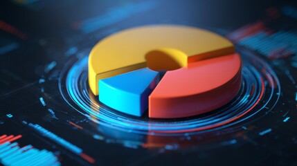 Poster - A dynamic D pie chart rotating on a digital interface, showcasing real-time data analysis with colorful segments, against a futuristic technology-inspired background.