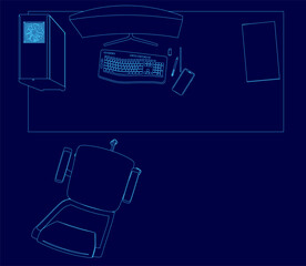 Poster - Blueprint of a computer desk with chair, monitor, keyboard, and mouse in clean contour lines on a blue background. The workplace setup includes detailed measurements and ergonomic design elements.