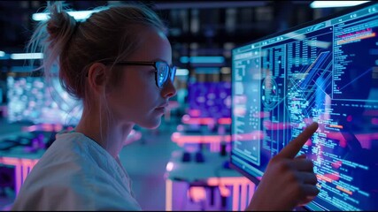 Tech Savvy: A focused professional, engrossed in the intricacies of data, examines advanced software displayed on a large monitor within a high-tech, futuristic setting. 