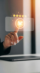 Poster - Hand interacts with glowing digital interface showing a smiley face and five stars, representing positive feedback and high customer satisfaction