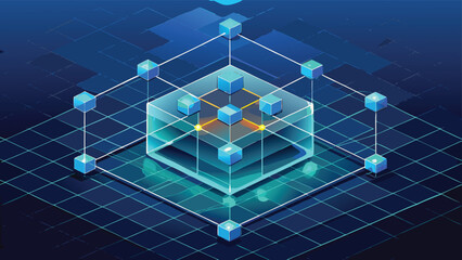 Isometric digital network structure representing block chain and decentralized data in cyber space and virtual reality technology concept background