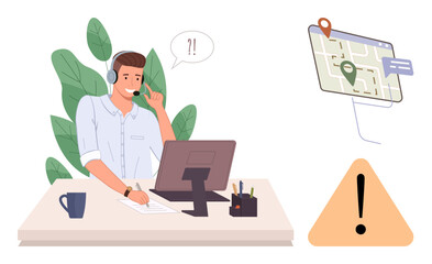 Poster - Customer support agent with headset at desk addressing map navigation issue, surrounded by map, location marker, and warning sign. Ideal for customer service, logistics, troubleshooting, emergency