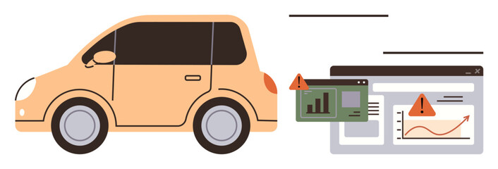 Poster - Compact car alongside online dashboard with analytics graphs and error alerts. Ideal for tech, transportation, software maintenance, system diagnostics, risk analysis, automotive tech, simple flat