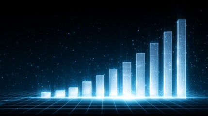 Poster - A futuristic D bar graph with digital effects, showing bars rising from a glowing grid, set against a dark starry background for a high-tech and innovative look.