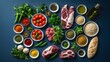 © MdJahangir - Halal Muslim Cuisine Ingredients Flat Lay on Dark Blue Background.