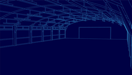 Poster - a detailed warehouse blueprint with a blue background displays the interior structure, including wal