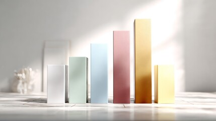 Poster - A minimalistic bar graph with well-defined bars in soft pastel colors, representing financial data, presented on a white surface with subtle lighting for clarity.