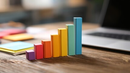 Poster - A minimalistic business bar graph with solid-colored bars arranged in ascending order, displayed on a wooden desk with a laptop and notepad in the background.