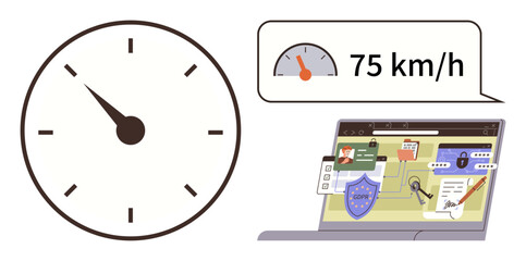 Poster - Analog clock, speedometer at 75 kmh, and a laptop with cybersecurity icons. Ideal for time management, efficiency, cybersecurity, data analysis, technology, traffic monitoring and productivity
