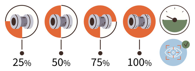 Poster - Mechanical part displayed in four progress stages with percentage values, gauge, and focus target indicators. Ideal for engineering, manufacturing, process monitoring, equipment performance