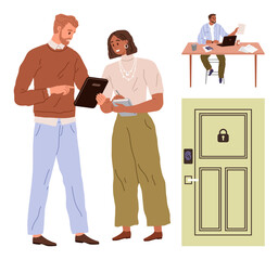 Poster - Two colleagues review documents on a tablet, a man works at a desk, and a secured door represents data privacy. Ideal for teamwork, security, workplace, collaboration, technology, data protection