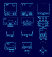 Poster - A low poly blueprint of a house on a blue background, featuring clean contour lines and detailed layout design. The minimalist style highlights architectural elements with geometric precision.