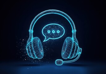 Poster - Futuristic neon blue digital headphones with speech bubble representing customer service and communication technology
