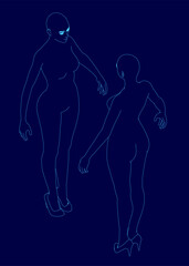 Poster - Two female silhouettes stand against a vibrant blue background, their contours sharply defined. The minimalist composition highlights their elegant profiles.