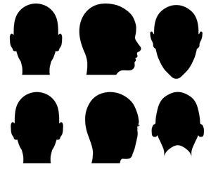 Poster - A female head silhouette in six different positions forms a triangular composition on a clean white background. This high-contrast vector illustration features sharp outlines and minimal details,.
