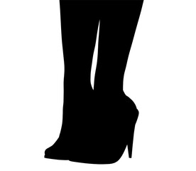 Poster - A black and white silhouette of female legs wearing pointed high heel boots stands elegantly against a clean white background. The sharp contrast highlights the sleek design of the footwear.