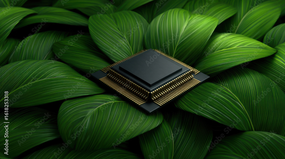 AI chip prototype placed on green leaves symbolizing energy efficient ...