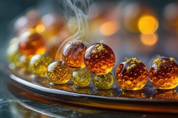 Poster - Glowing abstract spheres with smoke, amber and gold tones, artistic chemistry