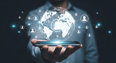 Poster - Man displays global network connection on smartphone.