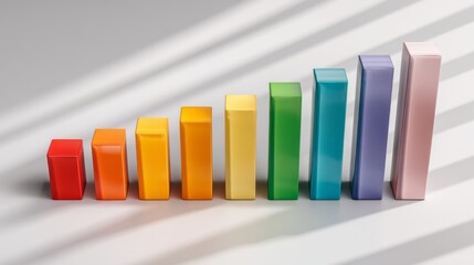 Poster - A top-down view of a D business bar graph with dynamic heights, showcasing various revenue streams, against a white surface with soft shadows for added depth.