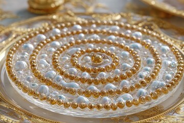 Poster - Intricate concentric circles of shimmering gold beads and pearlescent forms.