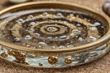 Poster - Intricate golden spiral pattern and shimmering bubbles in clear liquid.