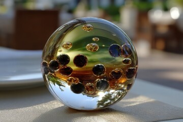 Poster - Mesmerizing glass orb with internal bubbles, showing light and reflections.