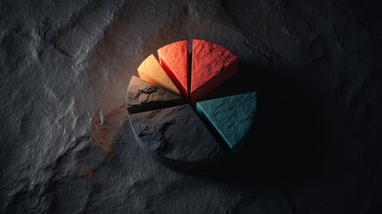 Poster - A top-down view of a D pie chart showcasing sales performance, with vibrant segments and shadow effects, set against a textured dark surface for contrast.