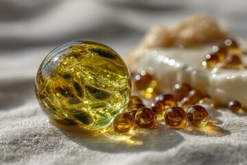 Poster - A captivating clear glass sphere with golden shards and small amber beads on textured fabric.